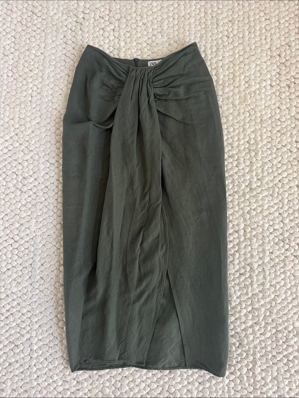 Zara Dark Olive Green Twist-Detail Midi Skirt